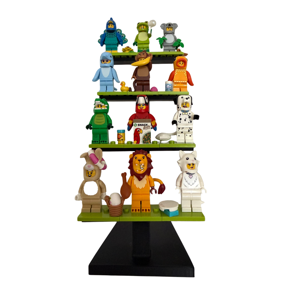 Outback Bricks - 4-Tier Minifigure Display Stand – Multi-Level Building Block Riser for 12-16 Figures – Compatible with Major Brands & CMF Series – Sturdy Desktop Organiser for Collectors (Black & Green)