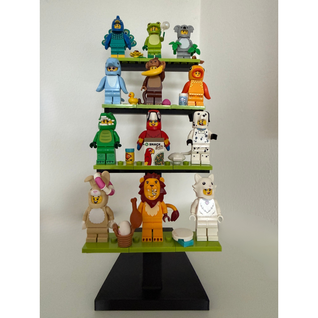 Outback Bricks - 4-Tier Minifigure Display Stand – Multi-Level Building Block Riser for 12-16 Figures – Compatible with Major Brands & CMF Series – Sturdy Desktop Organiser for Collectors (Black & Green)