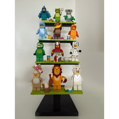 Outback Bricks - 4-Tier Minifigure Display Stand – Multi-Level Building Block Riser for 12-16 Figures – Compatible with Major Brands & CMF Series – Sturdy Desktop Organiser for Collectors (Black & Green)